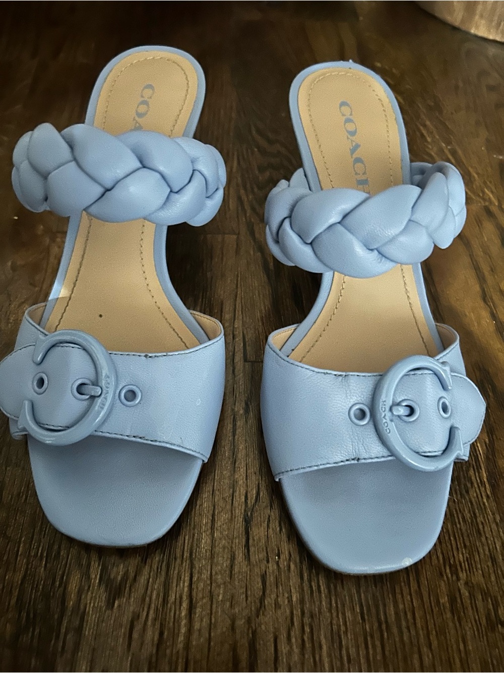 Coach Light Blue Braided-Strap Slide Sandals with Buckle